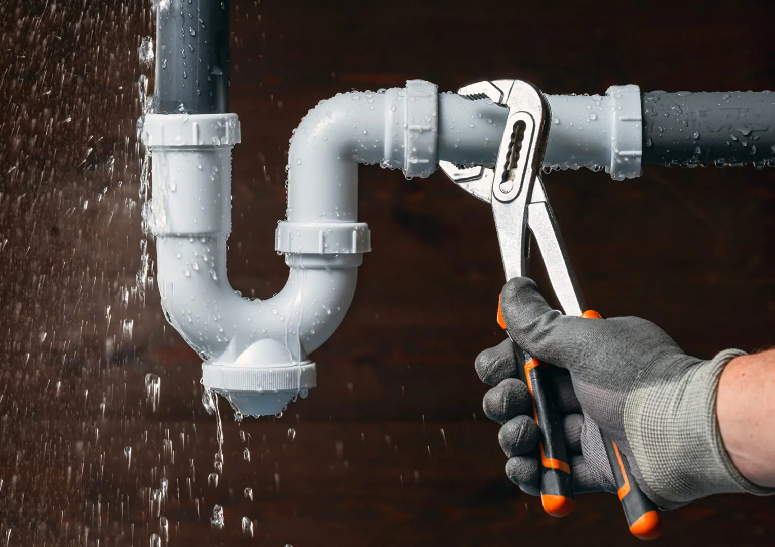 Plumber fixing leaking pipe with wrench.