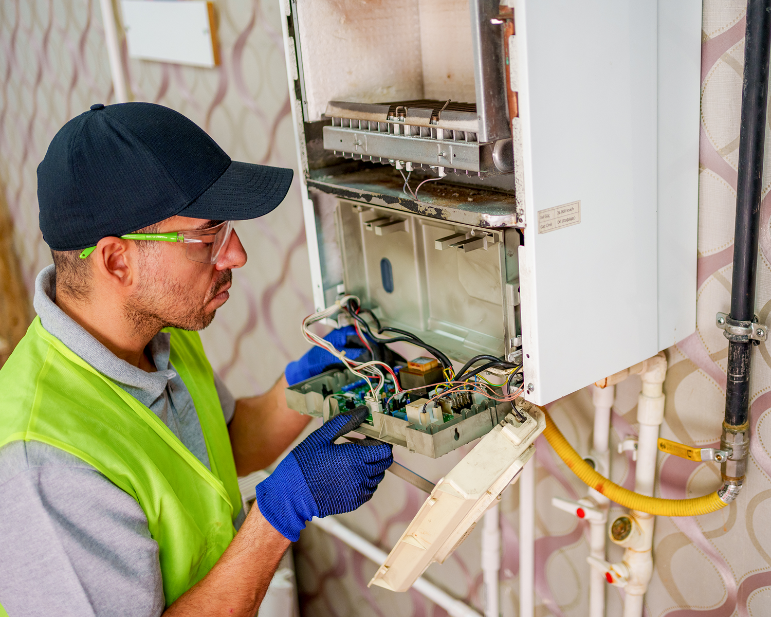 Technician repairing a wall-mounted boiler unit.