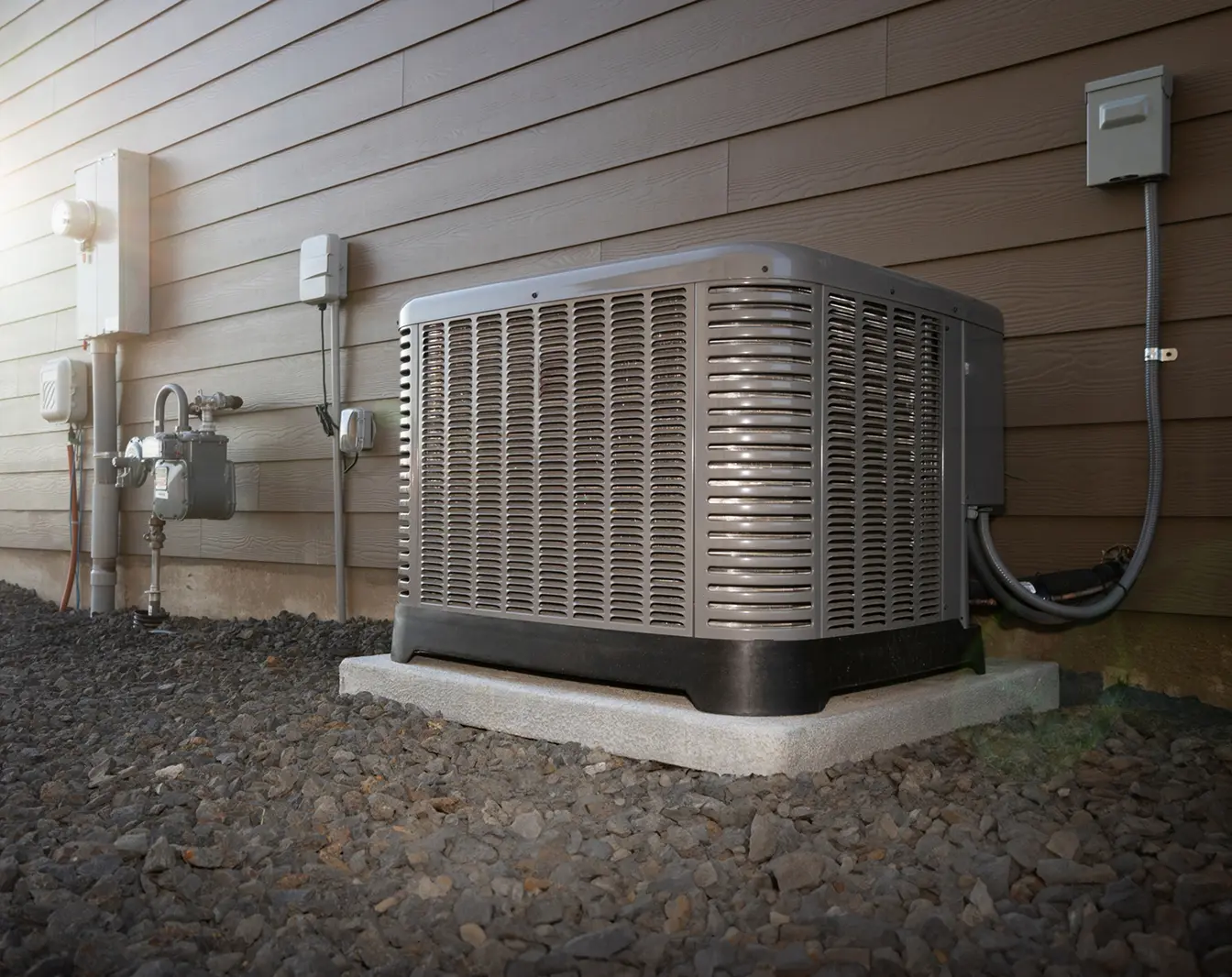 Outdoor air conditioning unit beside house wall.