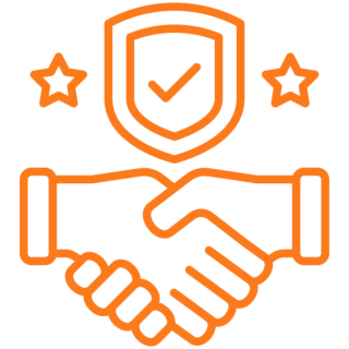 Orange handshake with shield and checkmark icon