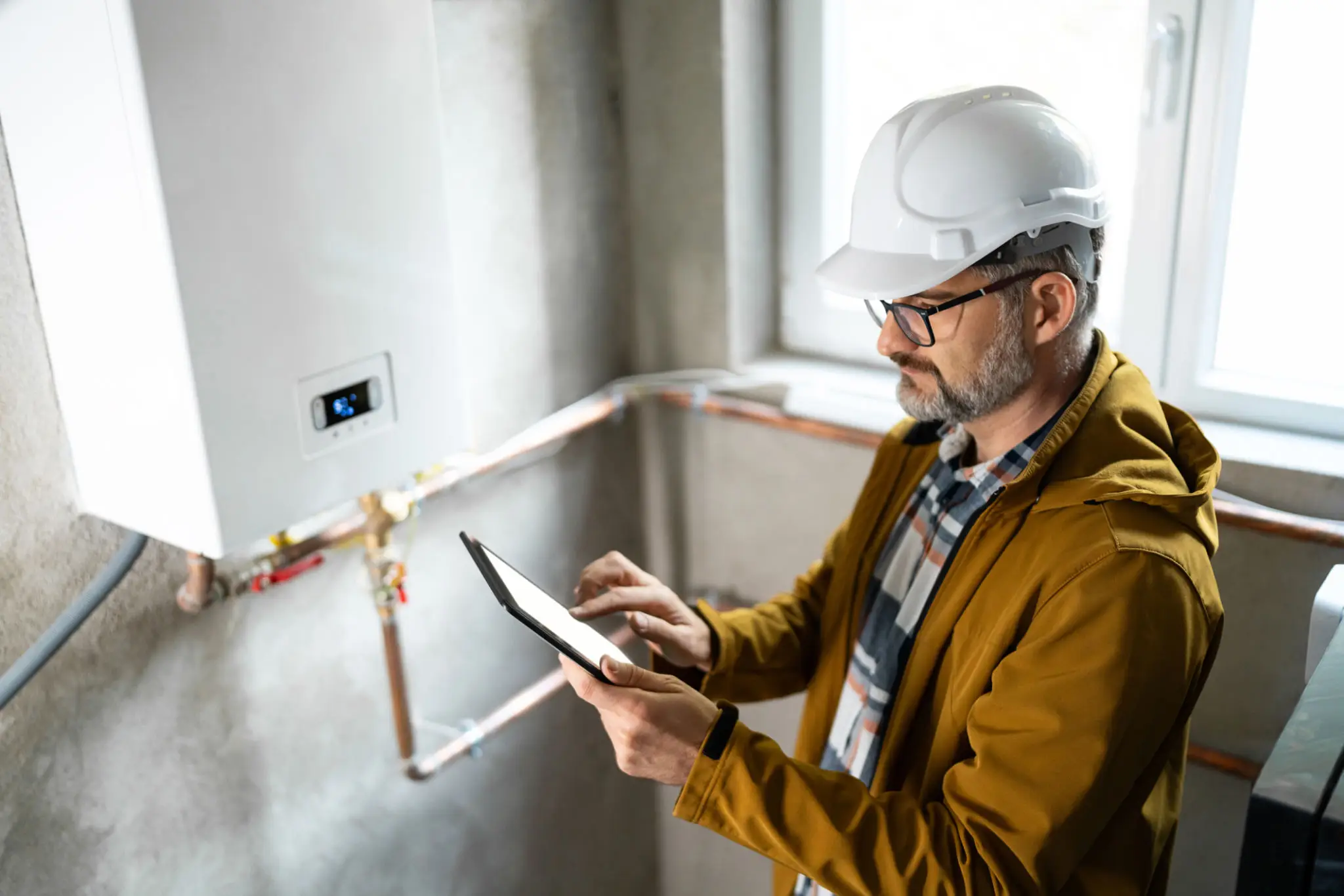 HVAC technician inspecting boiler with tablet