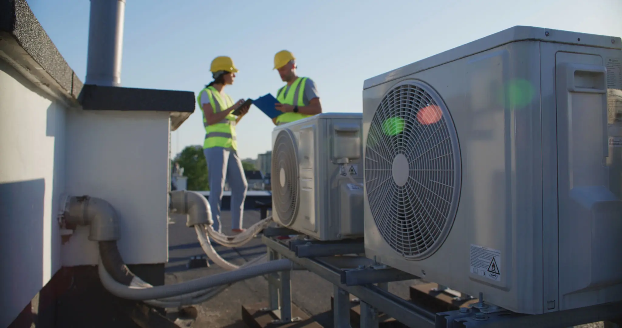 Technicians inspecting rooftop HVAC units