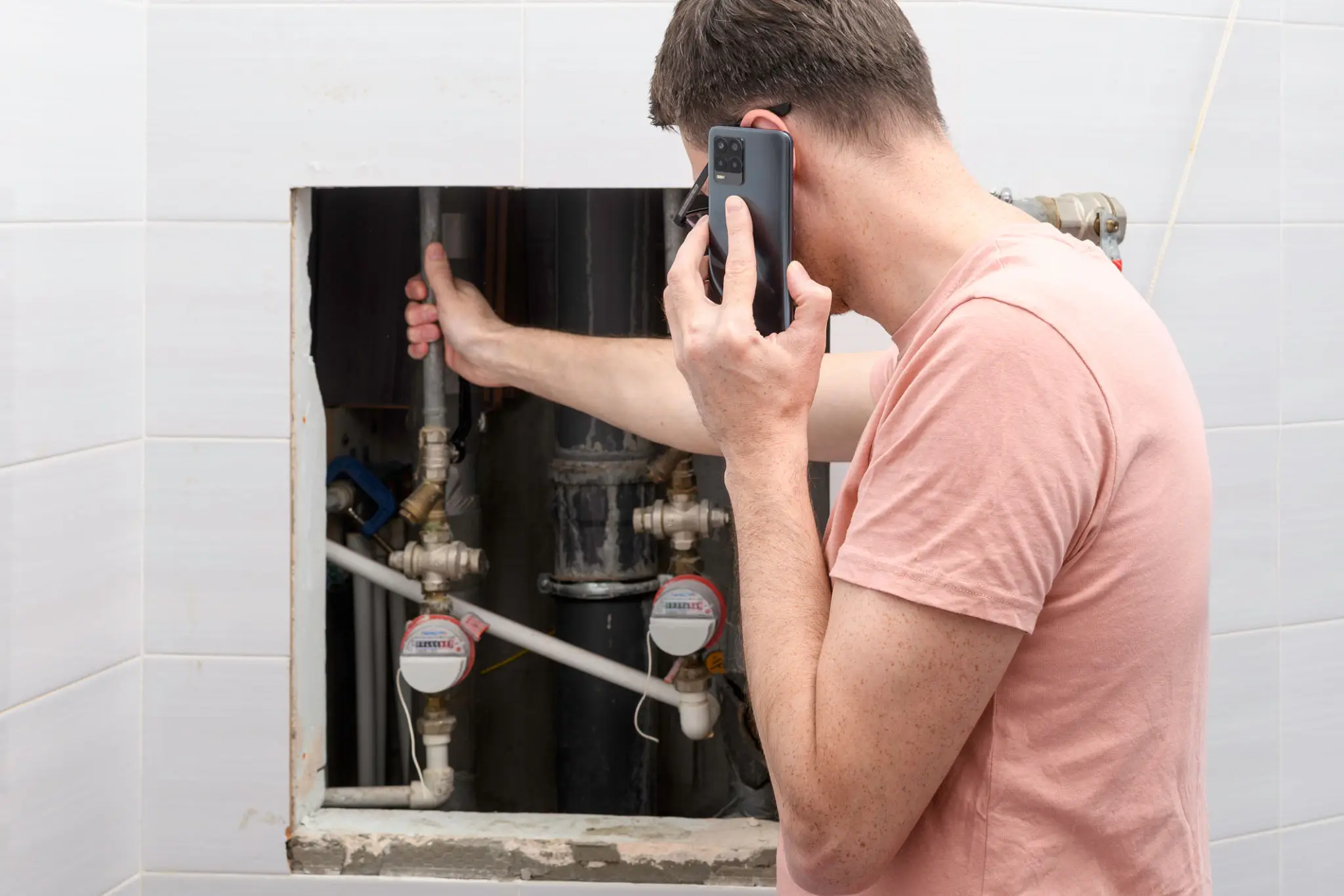 Person inspecting water meters while on phone