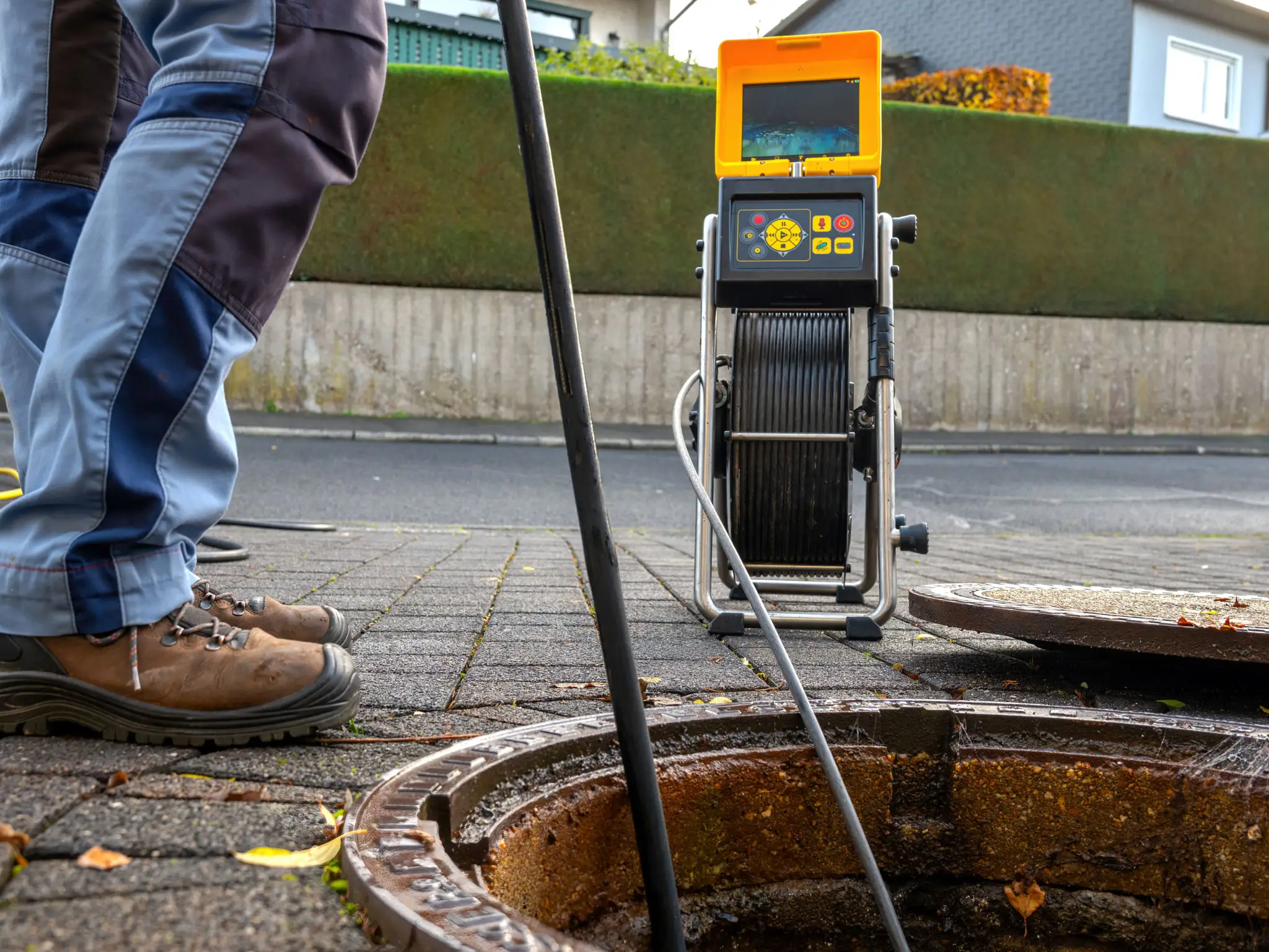 Sewer inspection camera and worker at manhole