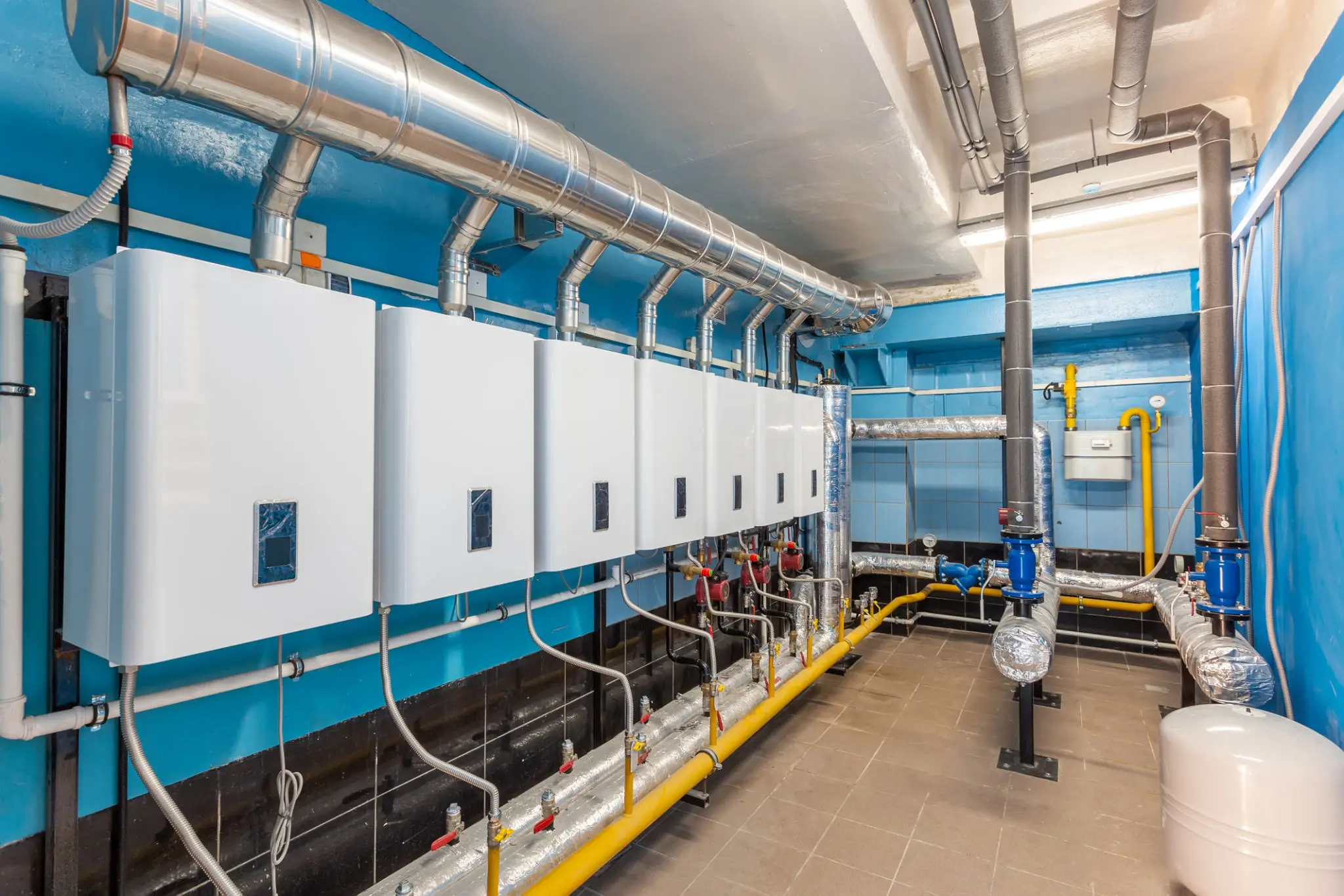 Mechanical room with multiple commercial boilers